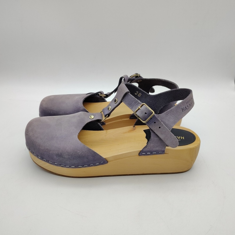 Swedish Hasbeens T-strap Sandals Size 38 Clog Slingback Purple Leather Boho